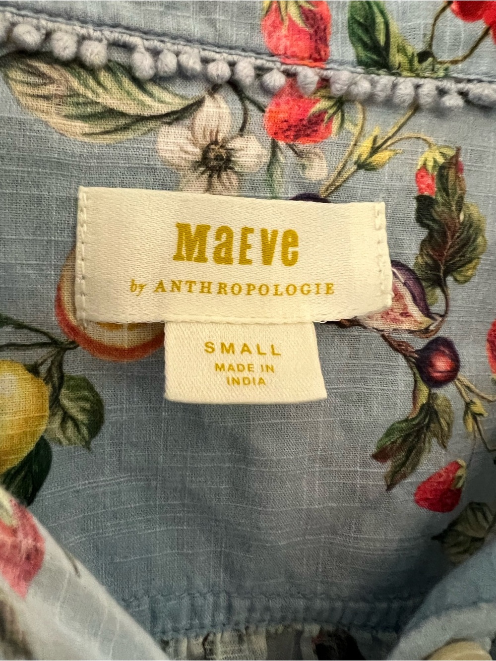 Maeve By Anthropologie 100% Cotton Light Blue Citrus Button-Up Short Sleeve Top - Picture 2 of 6